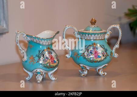Antique, Hand Painted, Porcelain tea service set Stock Photo