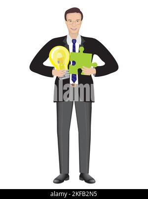 Man with light bulb and green jigsaw, puzzle piece. Isolated on white. Vector illustration. Stock Vector