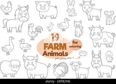 Set of 19 farm animals for coloring in cartoon style Vector Illustration Stock Vector