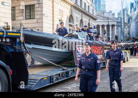 Royal Navy float at the Lord Mayor's Show parade in the City of London, UK. Boat Stock Photo
