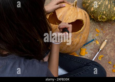 Glowing Halloween Pumpkin isolated on white background Stock Photo