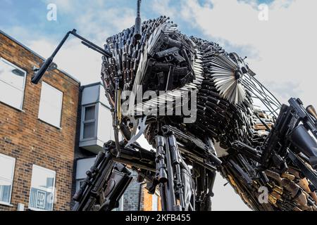 A giant bee, made from knives and guns which were seized or handed over to the Police in the Manchester area. On display in Redditch town centre. Stock Photo