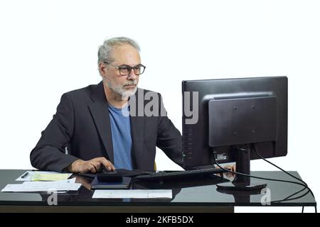 businessman working with a computer on a desk on a white background Stock Photo