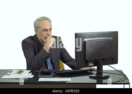 businessman working with a computer on a desktop on a white background Stock Photo