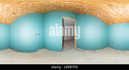 Repair in the bathroom on mansard. Full 360 degrees panorama in equirectangular spherical projection of new apartment, new building without finishing Stock Photo