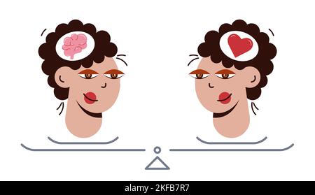 Brain heart balance. Two pretty heads standing on the scales. Stock Vector