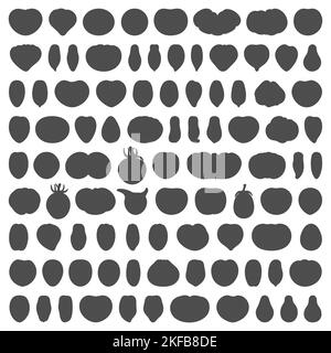 Set of black and white illustrations with tomatoes of various varieties and shapes. Isolated vector objects on a white background. Stock Vector