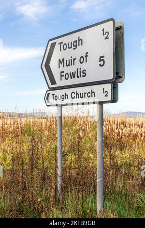 A road sign for Tough (Kirkton of Tough) near Alford in the Marr area of Aberdeenshire, Scotland UK Stock Photo