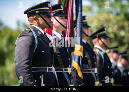 Soldiers from the 3d U.S. Infantry Regiment (The Old Guard), the 3d U.S. Infantry Regiment Caisson Platoon, and the U.S. Army Band, “Pershing’s Own” conduct military funeral honors with funeral escort for U.S. Army Lt. Col. James Megellas, Arlington National Cemetery, Arlington, Va., Sept. 2, 2022.    Megellas is considered the most decorated officers in the history of the 82nd Airborne Division. His awards include the Distinguished Service Cross, two Silver Stars, two Bronze Stars, two Purple Hearts, and other military honors for his World War II European service. Megellas is being considered Stock Photo