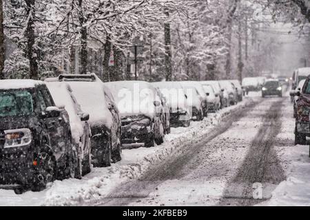 Snow covered street in the Plateau district. Stock Photo