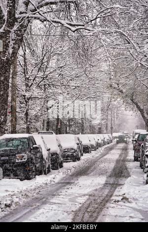 Snow covered street in the Plateau district. Stock Photo