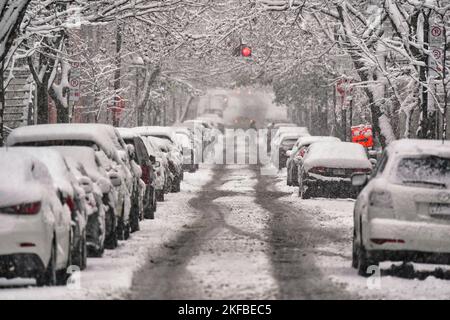 Snow covered street in the Plateau district. Stock Photo
