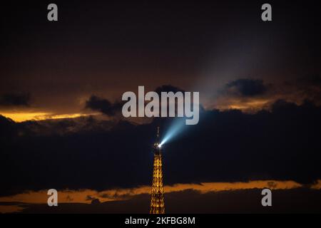 The photo shows the Eiffel Tower illuminated at dusk in Paris, France, on November 8, 2022. Photo by Aurelien Morissard/ABACAPRESS.COM Stock Photo