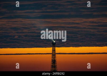 The photo shows the Eiffel Tower at dusk in Paris, France, on November 13, 2022. Photo by Aurelien Morissard/ABACAPRESS.COM Stock Photo