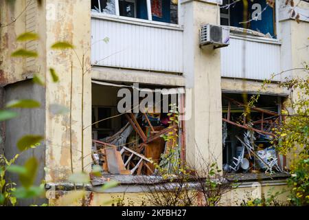 Dnipro, Ukraine Nov 17, 2022: Broken windows in a residential building after a missile strike on the city. Stock Photo