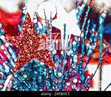 Festive holiday background with blurred flag in background and glitter star and decorative bokeh elements in foreground - red white and blue illustrat Stock Photo