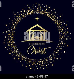 The birth of Christ Nativity scene in golden circle with glitter confetti. Merry Christmas scene of baby Jesus in the manger with Mary, Joseph Stock Vector
