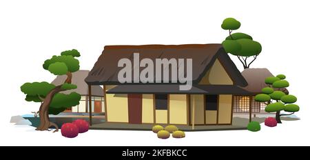 Traditional Japanese house. Small village. Rural dwelling with thatched roof. illustration vector. Stock Vector