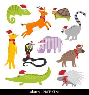 Vector illustration. Set of African animals in santa hat. Christmas cute set for kids. Sfrican animals for kids Stock Vector