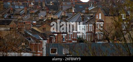 London, UK - February 4th 2022 - residential street with houses in geometrical arrangement