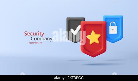 3d render shield icons with satr padlock and checkmark, digital security Stock Vector