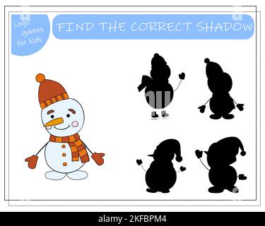 A logical game for children find the right shadow, snowman. vector illustration. Stock Vector