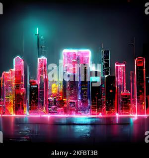 glowing modern city skyline. Neon lights from a mega city. Cyberpunk retro style Stock Photo
