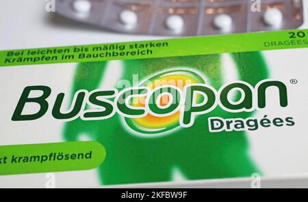Viersen, Germany - Juin 9. 2022: Closeup of Buscopan pills packet ...