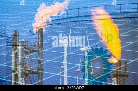 BP oil, fuel storage tanks, wind turbines, refinery gas flares and solar panels. North Sea gas/oil, renewables, windfall tax, cost of living crisis Stock Photo