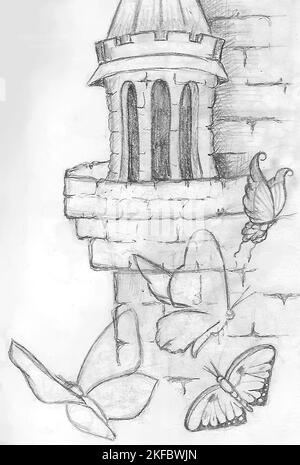 black and white drawing with a simple pencil of soaring butterflies against the background of a medieval castle, background, art Stock Photo