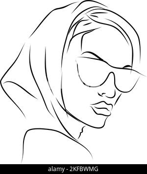 abstract linear portrait of a woman with glasses and a headscarf, monochrome graphics, art Stock Photo