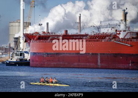 IJmuiden, 16-11-2022. Rowers, from rowing club De Stern, on the North Sea Canal with steel factory Tata Steel in the background. ANP/HollandseHoogte/OlafKraak netherlands out - belgium out Stock Photo