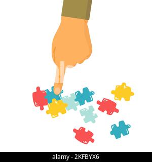 Female hand connect puzzle vector illustration. Cartoon flat feminist woman characters team holding puzzle, connecting pieces in hands. Teamwork diver Stock Vector