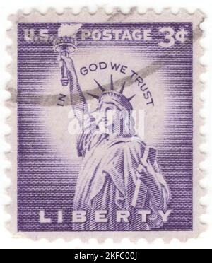 USA - 1954: An 15 cents grey postage stamp depicting Statue of Liberty. Colossal neoclassical sculpture on Liberty Island in New York Harbor in New York City, in the United States. The copper statue, a gift from the people of France, was designed by French sculptor Frédéric Auguste Bartholdi and its metal framework was built by Gustave Eiffel. The statue was dedicated on October 28, 1886. The statue is a figure of Libertas, a robed Roman liberty goddess. She holds a torch above her head with her right hand, and in her left hand carries a tabula ansata inscribed July 4, 1776 in Roman numerals Stock Photo