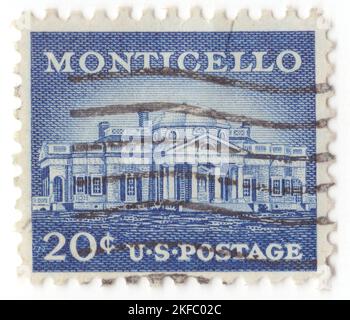 USA - 1956: An 20 cents ultramarine postage stamp depicting Monticello. Primary plantation of Founding Father Thomas Jefferson, the third president of the United States, who began designing Monticello after inheriting land from his father at age 26. Located just outside Charlottesville, Virginia, in the Piedmont region, the plantation was originally 5,000 acres, with Jefferson using the labor of enslaved African people for extensive cultivation of tobacco and mixed crops Stock Photo
