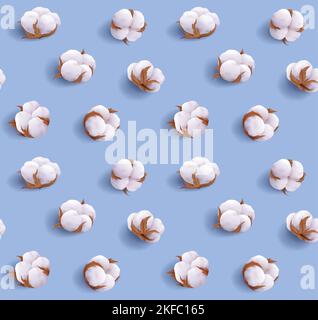 Beautiful realistic seamless cotton pattern isolated on blue background Stock Vector