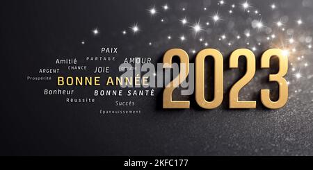 Happy New Year greetings in French language and 2023 date number colored in gold, on a glittering black card Stock Photo