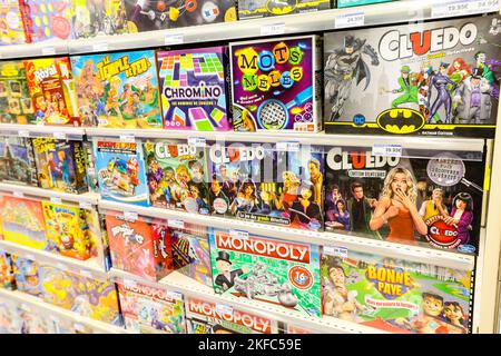 French,Cludeo,Monopoly,board games,on,display,for,sale,games,aisle,at,E.leclerc,hypermarket,superstore,at,Saint Flour,near,A75,autoroute,Cantal department, Auvergne region, France,French,Europe,European,E.leclerc,hypermarket,superstore,at,Saint Flour,