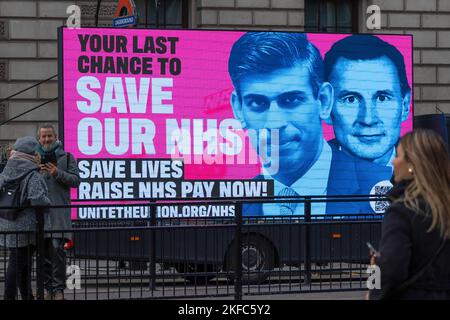 A van carrying a digital advert depicting Prime Minister Rishi Sunak and Chancellor Jeremy Hunt with the words ëYour last chance to save our NHSí seen in Westminster. Chancellor Jeremy Hunt has given £6.6 billion extra funding towards the NHS over the next two years in his Autumn Statement though excessive patient backlogs will mean a difficult winter for hospitals. Stock Photo