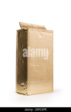 Mockup or template of golden foil vacuum packaging for ground coffee as product presentation isolated on white background Stock Photo