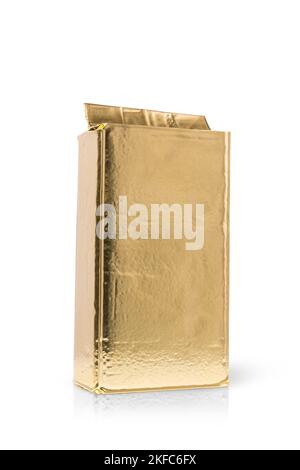 Mockup or template of golden foil vacuum packaging for ground coffee as product presentation isolated on white background Stock Photo