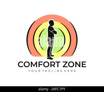 Man standing in his comfort zone, diagram with various zones, logo design. Stepping outside comfort zone, choice and choosing between leaving comfort Stock Vector