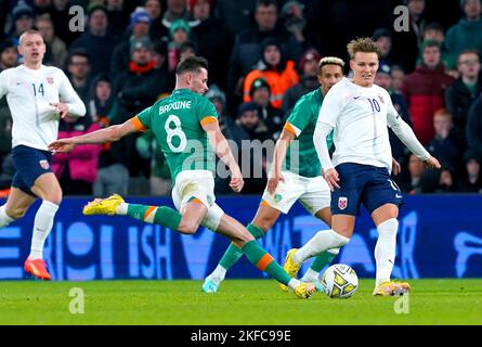 Republic of Ireland's Alan Browne scores their side's first goal of the game during the international friendly match at the Aviva Stadium, Dublin. Picture date: Thursday November 17, 2022. Stock Photo