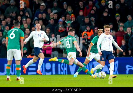 Republic of Ireland's Alan Browne scores their side's first goal of the game during the international friendly match at the Aviva Stadium, Dublin. Picture date: Thursday November 17, 2022. Stock Photo