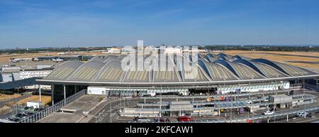 London, England - August 2022: Aerial panoramic view of the drop off zone and entrance to Terminal 2, The Queen's Terminal, at London Heathrow airport Stock Photo