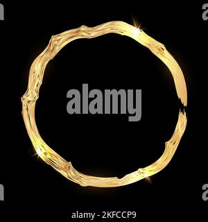 Realistic round frame made of liquid shiny gold on a black background. Golden frame with place for text. Vector illustration. Stock Vector