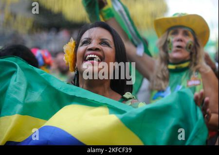 Brazilian fans gather at street party to support national soccer team playing Fifa  World Cup - Rio de Janeiro, Brazil Stock Photo