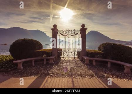 Morning view of gate in front of Villa Ciani, in the botanical Park of Lugano Stock Photo