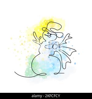 Outline snowman, one line illustration, on a watercolor background with paint splatter Stock Vector