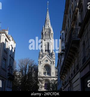 The Church of Our Lady of the Holy Cross of Menilmontant- Notre-Dame-de-la-Croix de Menilmontant in French is a Roman Catholic parish church located Stock Photo